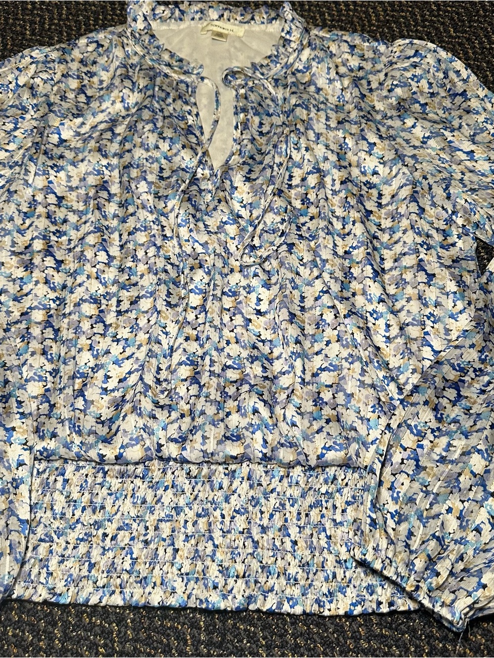 Light Blue Floral Tie-Neck Blouse